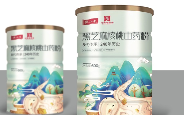 国风怀山堂黑芝麻核桃山药粉外包装插画设计