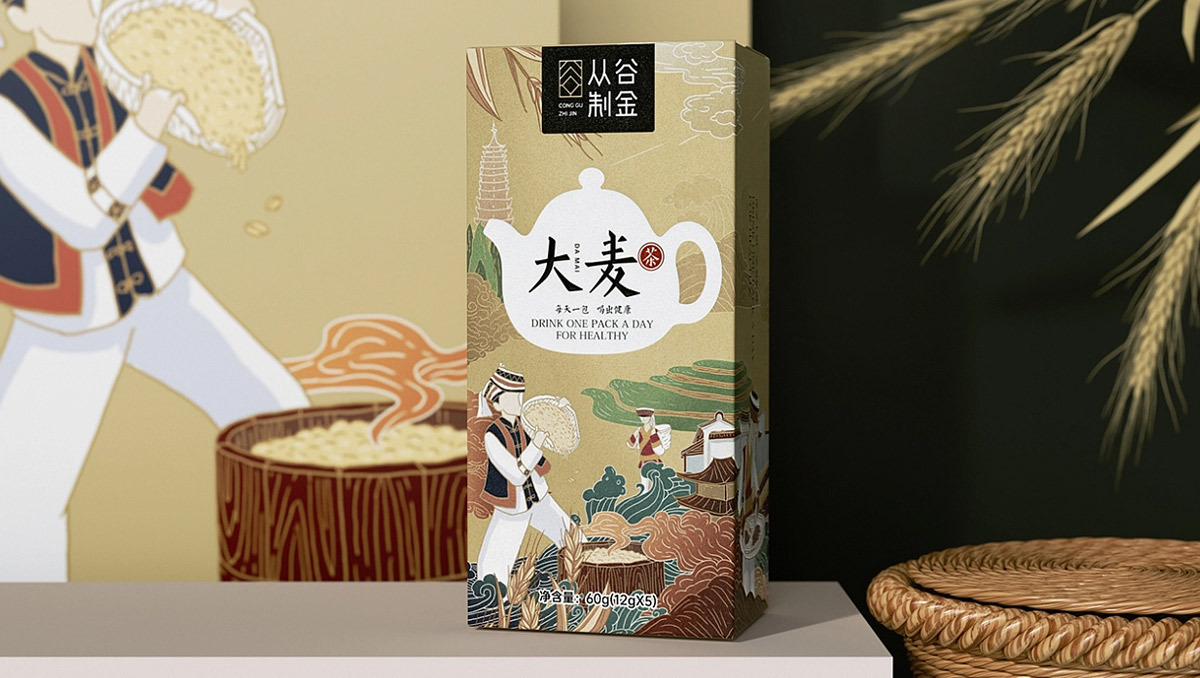 質樸插畫！五谷茶茶飲包裝設計圖1